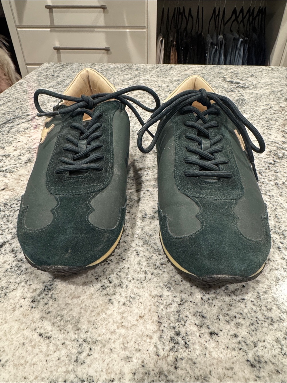 Tory Burch Dark Green Suede & Leather Sneakers with Tan Accents - Picture 2 of 6